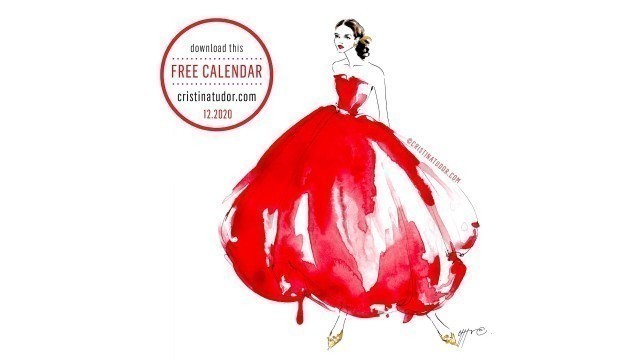 'Free Fashion Illustration Calendar December 2020 Christmas Gown Girl Watercolor Painting'