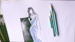 'Watercolor and pencil fashion illustration, Saree illustration,'
