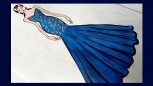 'Fashion Illustration | Watercolor Paint | Gown | For beginners | Sahana Patil | Blue Gown'