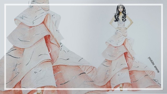 'Fashion Illustration Watercolor of Big Ruffled Peach Gown (Spring Summer)'