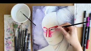 'Kabuki Inspired Fashion Illustration - Ink Wash Watercolor and Mixed Media'