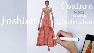 'COUTURE GOWN Fashion illustration  figure sketching MARKERS colouring REALTIME CarolinaHerrera FW22'