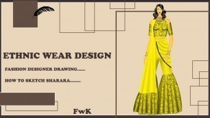 'fashion drawing for beginners/how to draw designer sharara with blouse and dupatta/sabyasachi dress'