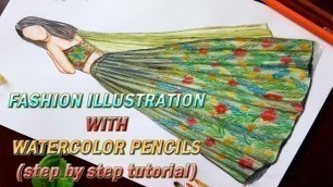 'How to use watercolor pencils for fashion illustrations- easy tutorial/how to draw lehanga #4'