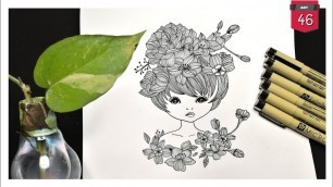 'Pretty Girl With Flowers | Fashion Sketch | Line and Curves | Doodle Drawings'