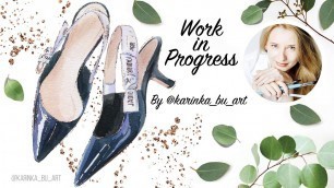 'How to draw Dior shoes J\'Adior slingback | Watercolor Speedpaint| Fashion illustration'