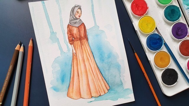 'Watercolor Fashion Illustration Hijab Modest Dress Casual Style | Desain Baju Muslim Cat Air'