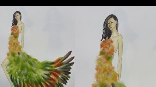 '\"Real feather wedding dress\" creative art fashion illustration time lapse video'