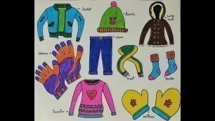 'How to draw and color Winter Season clothes easy l Drawing of Winter dresses with its names'