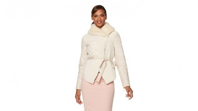 'Serena Williams Belted Faux Shearling Wrap Jacket'