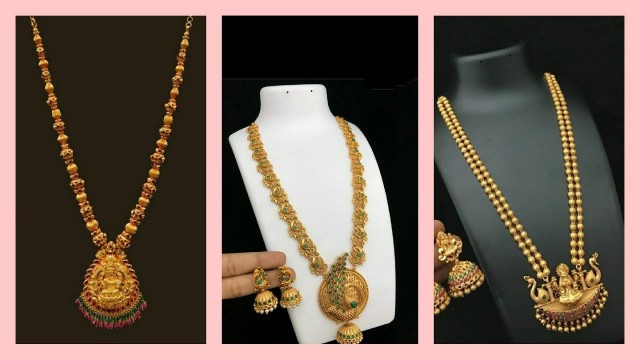 'Antique long chain with lakshmi/Bridal gold jewellery,trendy gold long necklace with jumka designs.'