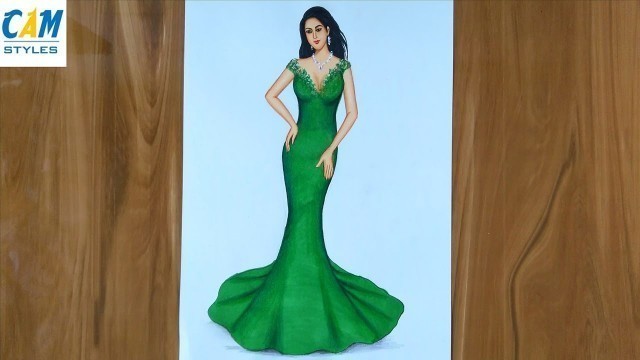 'How to draw a beautiful girl with green dress | Fashion illustration drawing | model drawing easy'