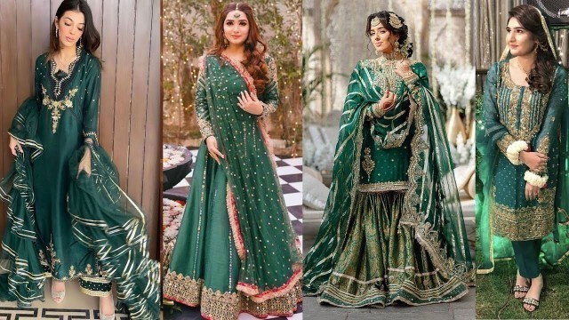 'gourgious party wear trendy green colour dress designing ideas 2021'
