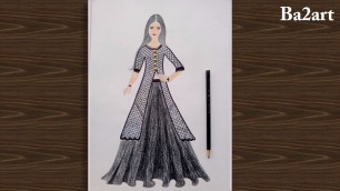 'Fashion illustration art* how to draw model outfit with pencil color *lahanga and long outer kurti'