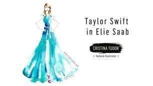 'Live Watercolor Fashion Illustration Painting Portrait of Taylor Swift in Elie Saab'