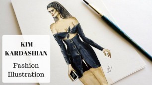 'Fashion Illustration with Watercolor | Kim Kardashian in Dolce & Gabbana dress'