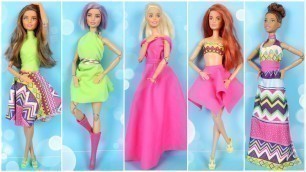 '5 COOL DIY BARBIE CLOTHES with 3 Fabrics ~ How To Make Doll Dresses'