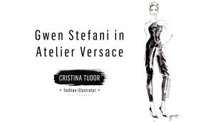 'Live Watercolor Fashion Illustration Painting of Gwen Stefani in Atelier Versace Black Jumpsuit'