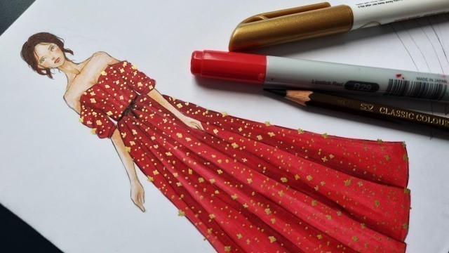'Fashion Illustration Red Sparkly Evening Dress • Menggambar Desain Gaun Pesta Mewah ❤️'
