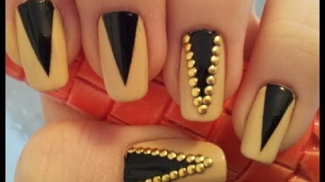 'Nude and Black Studded Fashion Nails Live Tutorial'