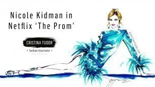 'Live Watercolor Fashion Illustration Painting Portrait of Nicole Kidman in Netflix The Prom'