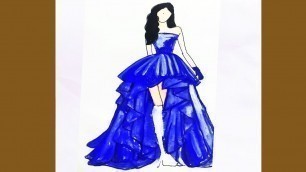 'fashion illustrator model | fashion dress drawing | how to draw girl model | blue fashion dress draw'