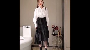 'Long Tulle Midi Skirts Women Elastic High Waist Mesh Tutu Pleated Skirt Female Long Skirt Streetwear'