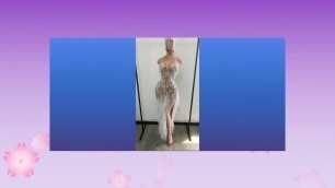 'Fashion Skin Color Nude Tassel Crystal Bodycon Dress Sexy Women Party Club Dress High Slit Singer...'