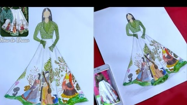 'How to draw Lehenga design | Fashion illustration of Lehenga choli | printed lehenga | village look.'