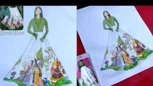 'How to draw Lehenga design | Fashion illustration of Lehenga choli | printed lehenga | village look.'