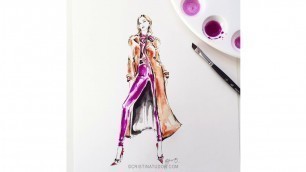 'Live Watercolor Fashion Illustration Painting of Hailey Bieber in YSL Camel Coat + Liquid Leggings'